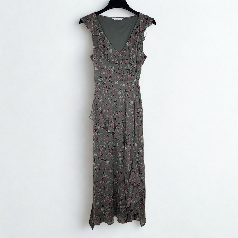 NWT LC Lauren Conrad Floral Asymmetrical Ruffle Maxi Dress Olive Size Medium - Picture 2 of 13